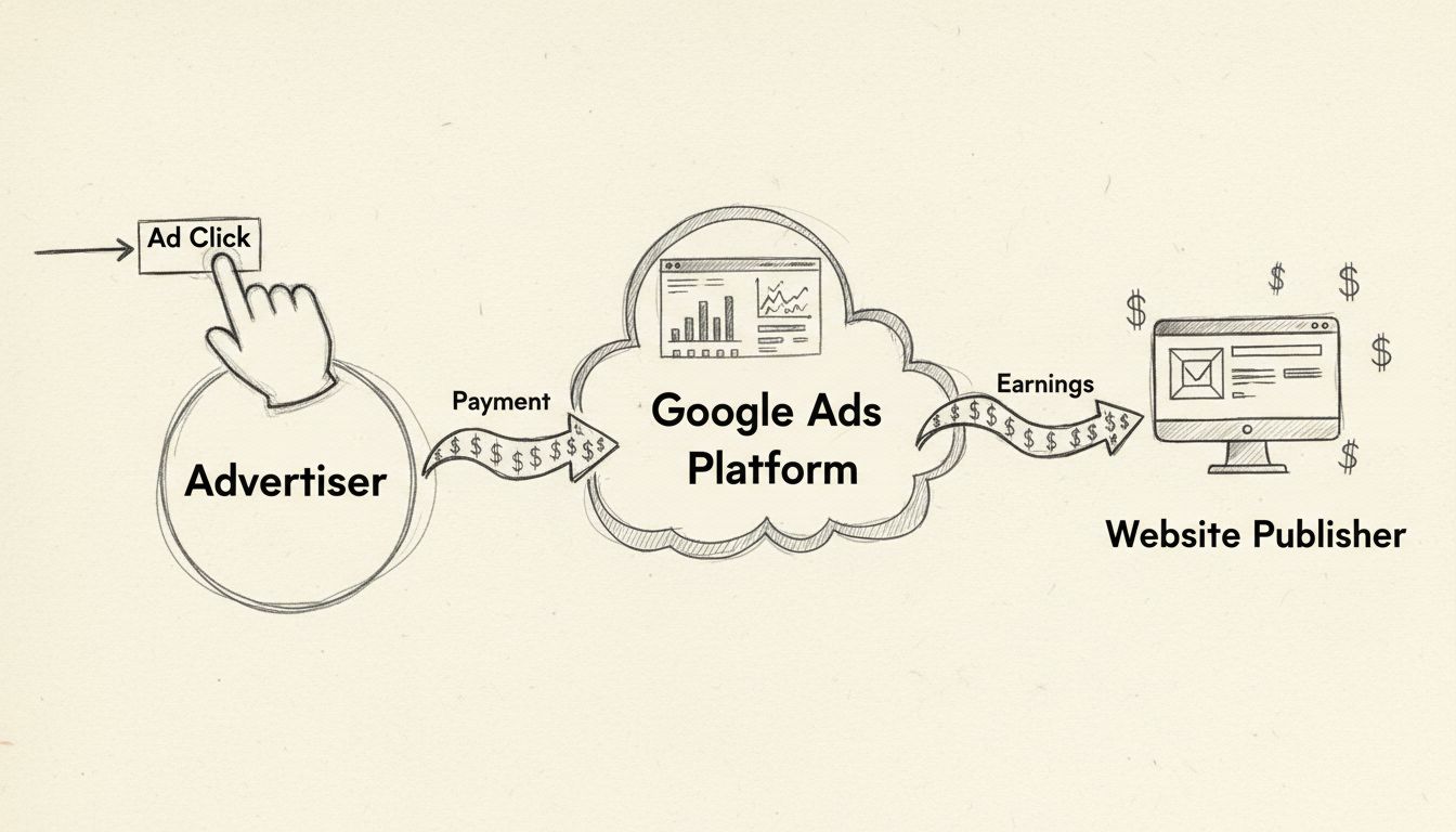 Diagrama desenhado à mão mostrando o fluxo de ganhos em PPC dos anunciantes para editores de sites
