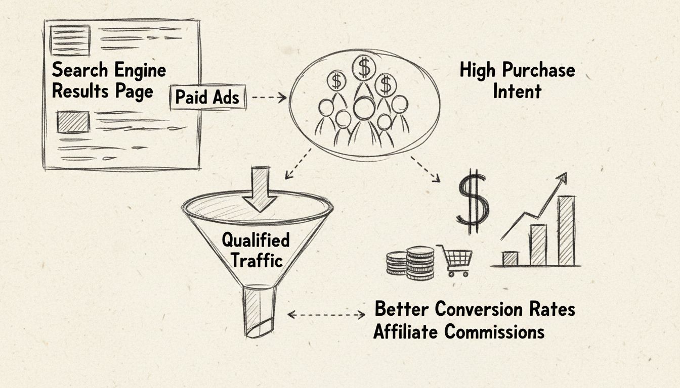 Diagrama desenhado à mão mostrando os benefícios do SEM para afiliados com resultados de busca, usuários de alta intenção de compra, funil de conversão e comissões de afiliados