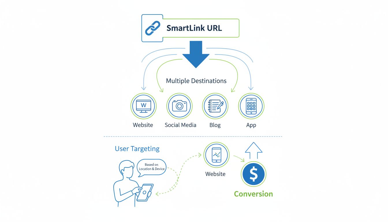 Diagrama de SmartLinks mostrando como uma única URL direciona para múltiplos destinos de acordo com critérios de segmentação do usuário