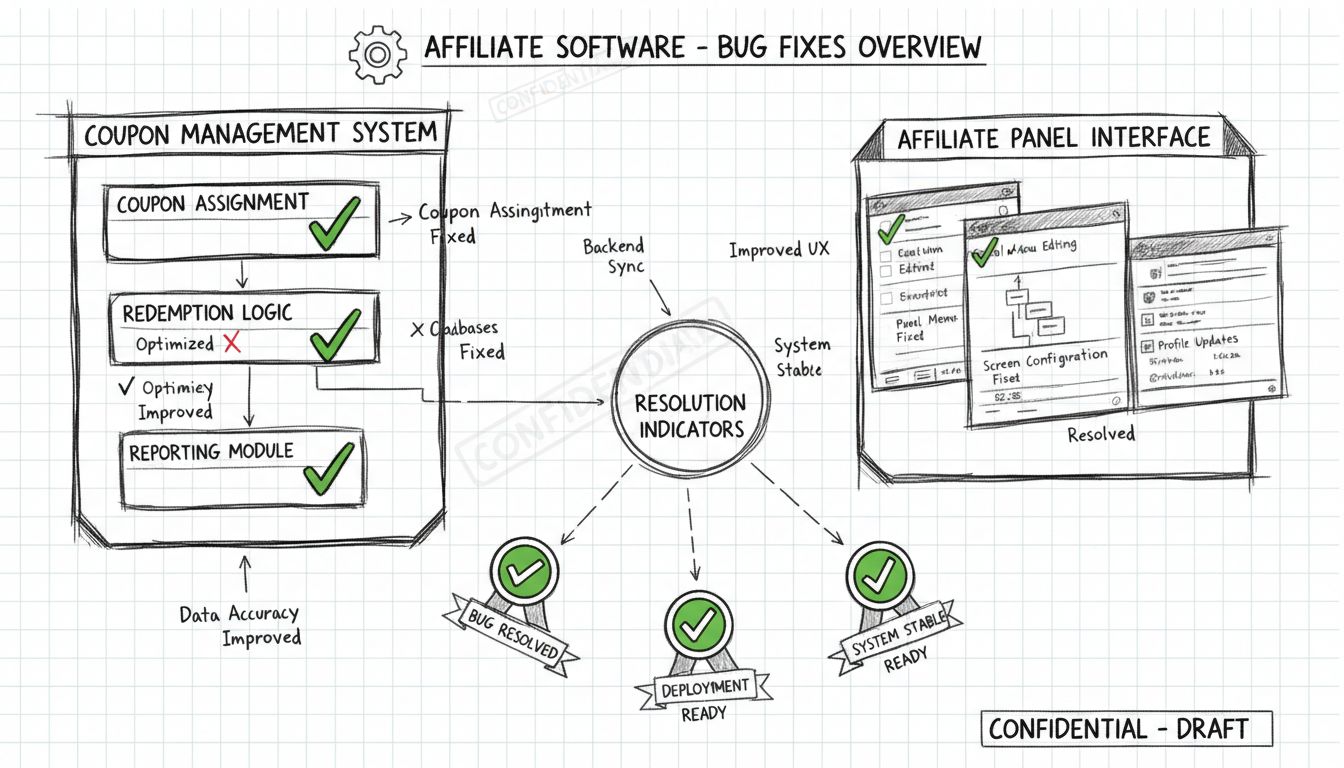 Diagrama técnico mostrando correções de bugs no software de afiliados com resolução de atribuição de cupons, edição de menu do painel e configuração de tela