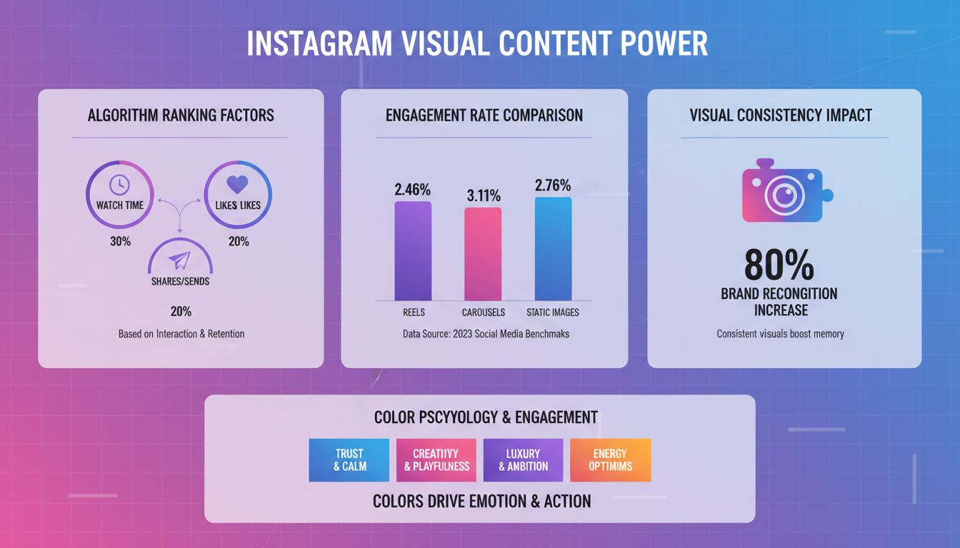 Infográfico sobre a importância do conteúdo visual no Instagram mostrando métricas de engajamento, fatores de algoritmo e psicologia das cores
