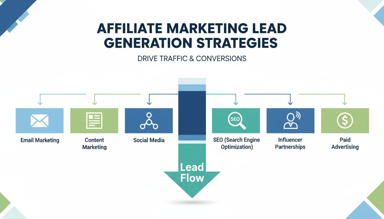 Métodos de geração de leads para marketing de afiliados, incluindo email marketing, marketing de conteúdo, redes sociais, SEO, parcerias com influenciadores e publicidade paga
