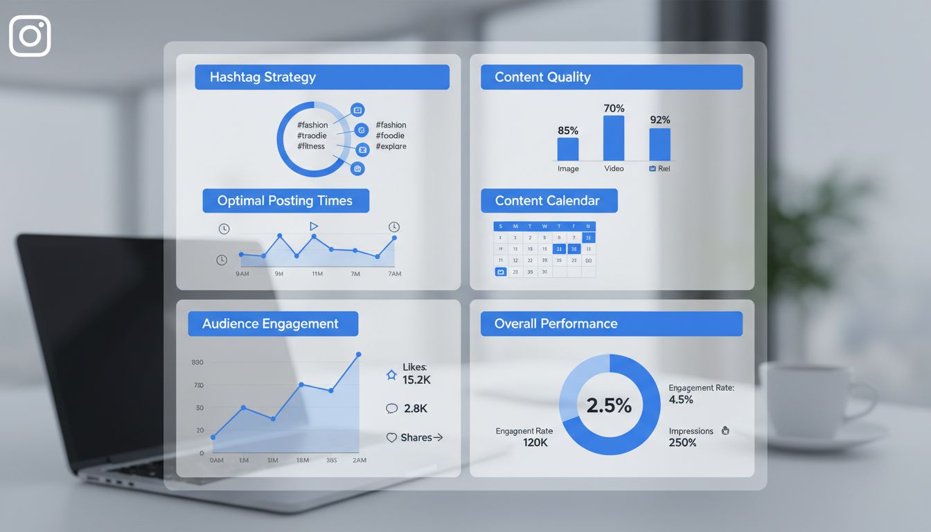 Painel de estratégia de marketing do Instagram com pesquisa de hashtags, análises, calendário de conteúdo e métricas de engajamento