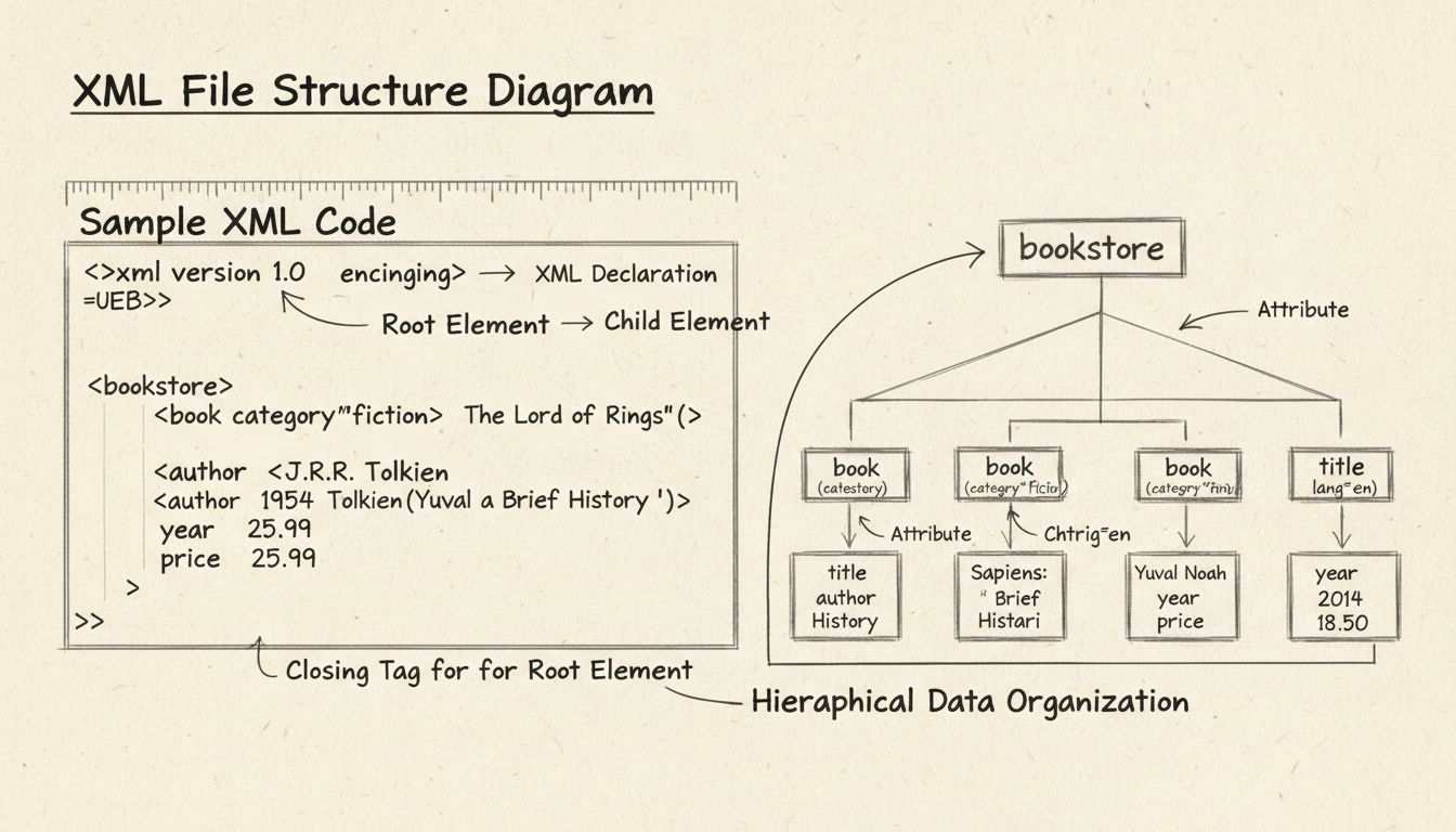 Diagrama da estrutura de arquivo XML mostrando tags, elementos, atributos e organização hierárquica