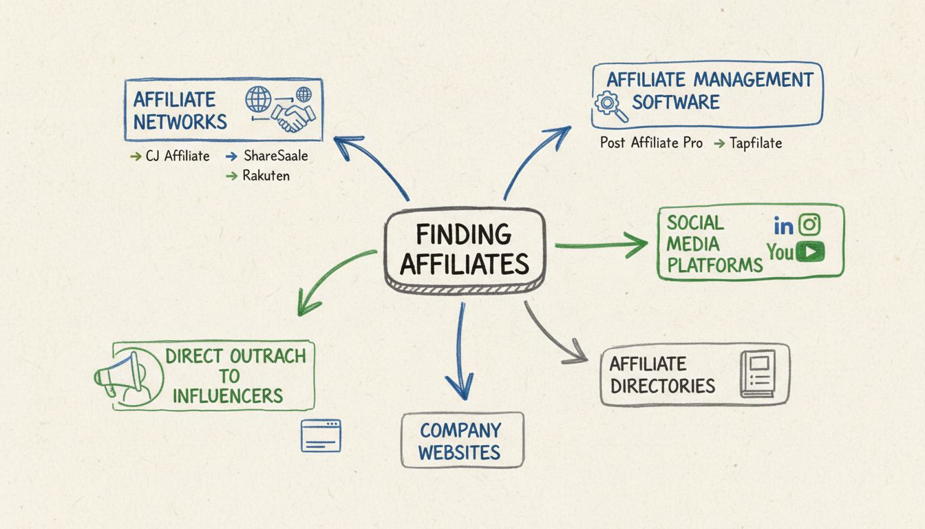 Diagrama desenhado à mão mostrando diferentes métodos para encontrar afiliados, incluindo redes, softwares, influenciadores e plataformas de redes sociais