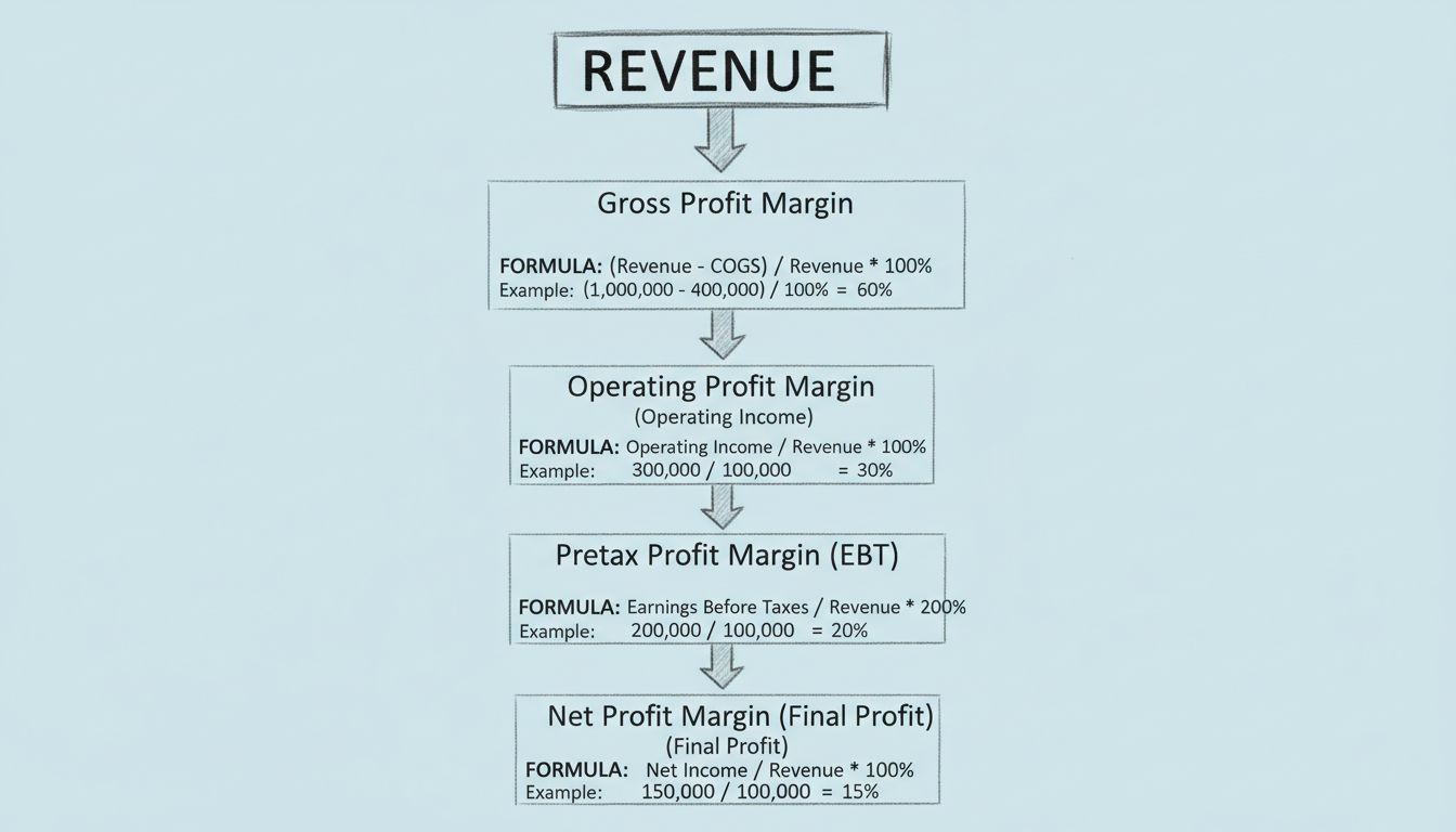Diagrama de tipos de margem de lucro e fluxo de cálculo mostrando margens bruta, operacional, pré-impostos e líquida