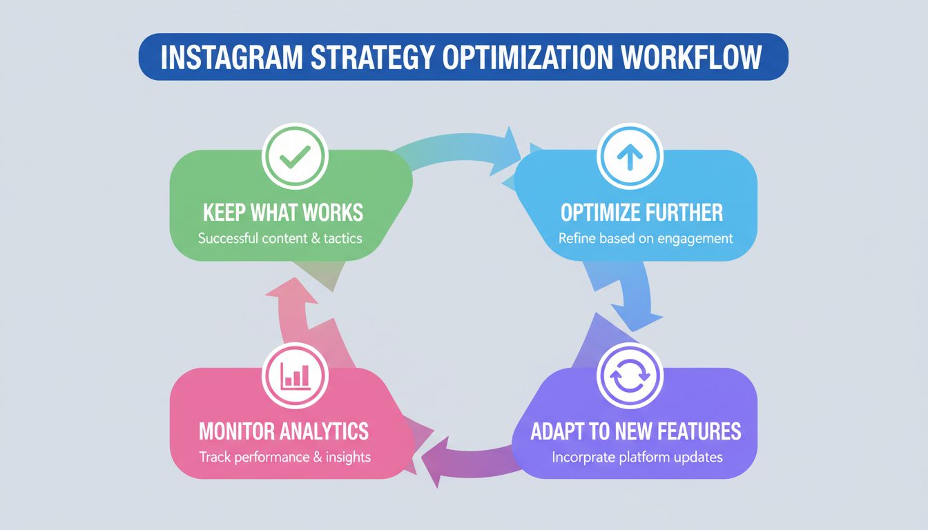 Fluxo de otimização de estratégia no Instagram mostrando Mantenha o que funciona, Otimize mais, Adapte-se a novos recursos e Monitore as análises