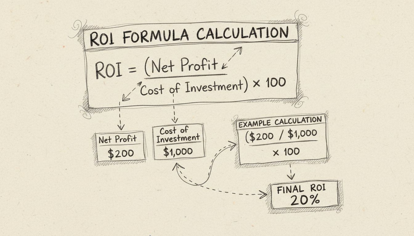 Diagrama feito à mão mostrando cálculo da fórmula de ROI com exemplo