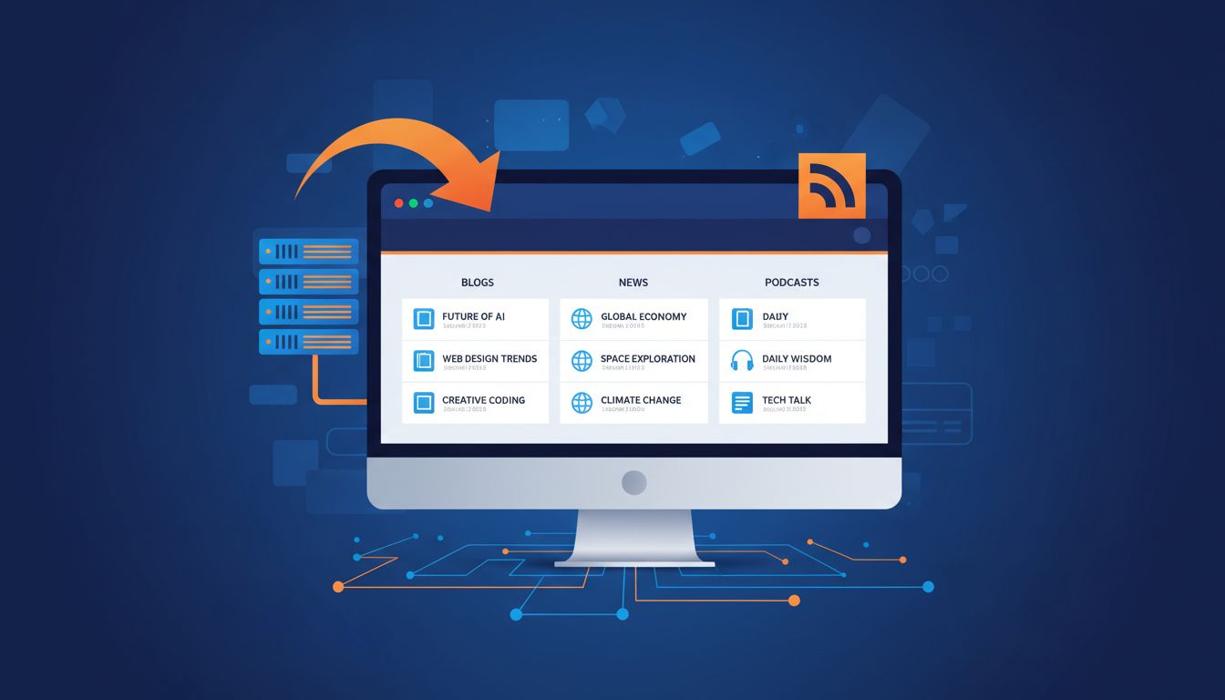 Interface de leitor de feed RSS mostrando múltiplos feeds de conteúdo organizados em colunas com postagens de blog, notícias e podcasts