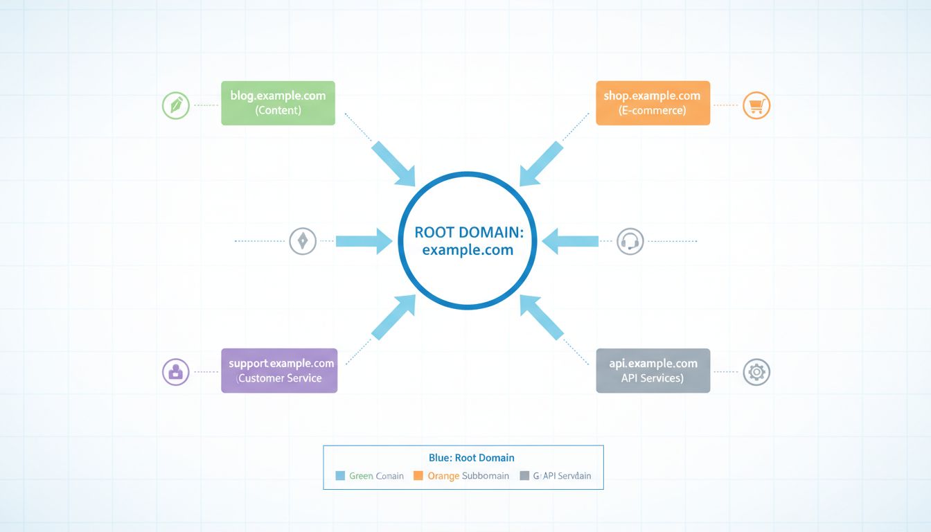 Diagrama da estrutura de subdomínio mostrando domínio raiz e vários subdomínios ramificando
