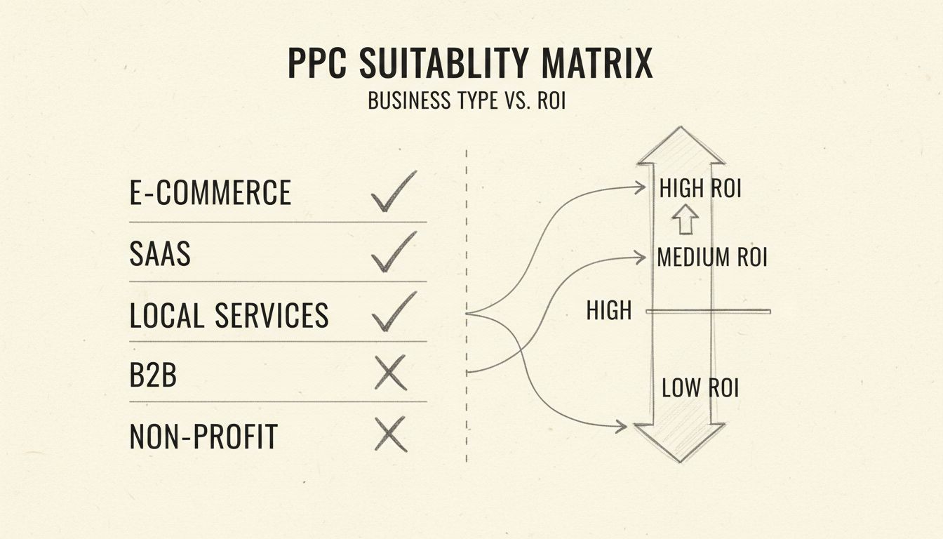 Matriz de adequação de negócios para publicidade PPC mostrando diferentes tipos de empresas e indicadores de ROI