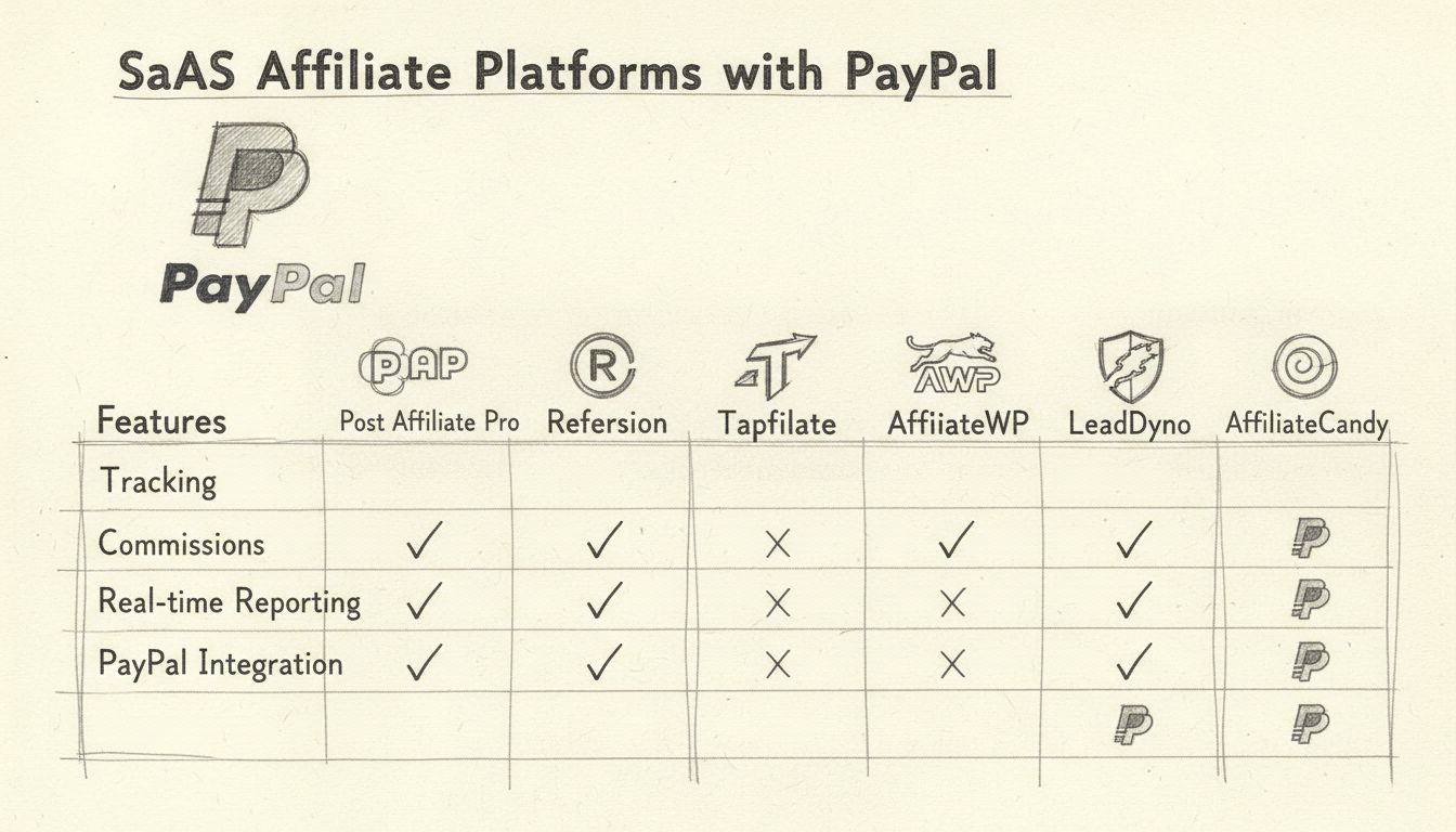 Diagrama comparativo de 6 plataformas de software de afiliados para SaaS com integração PayPal