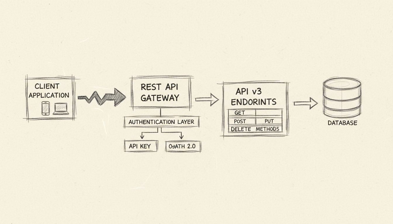 Diagrama da Arquitetura REST API mostrando Aplicativo Cliente conectando ao Gateway da REST API com Camada de Autenticação suportando API Key e OAuth 2.0, roteando para Endpoints da API v3 com métodos HTTP, e conectando ao Banco de Dados