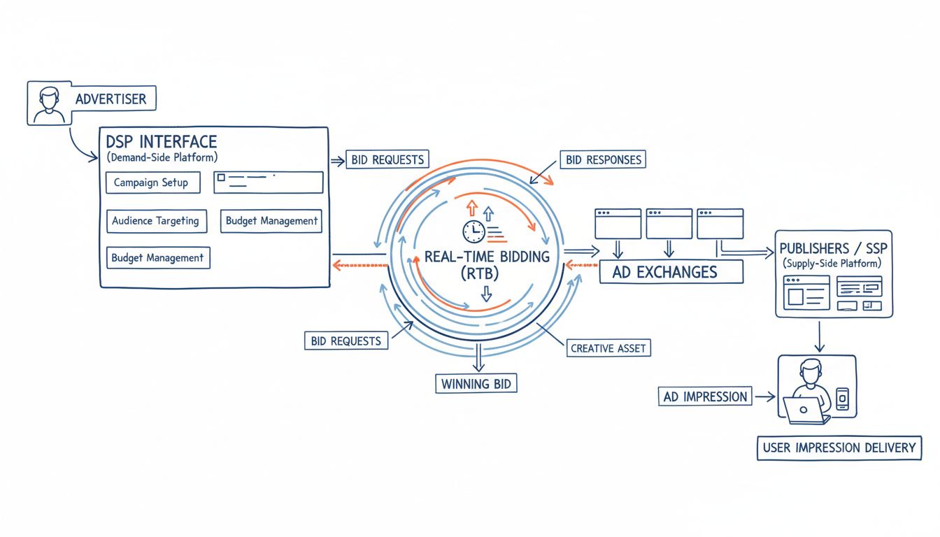Diagrama técnico mostrando como funcionam as demand-side platforms na publicidade programática, com interface do anunciante, lances em tempo real, ad exchanges, publishers e entrega da impressão ao usuário