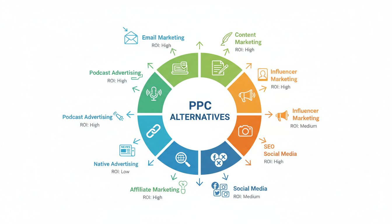 Alternativas de canais de marketing à publicidade PPC mostrando email marketing, marketing de conteúdo, marketing de influenciadores, SEO, mídias sociais, marketing de afiliados, publicidade nativa e publicidade em podcasts em um diagrama circular com indicadores de ROI