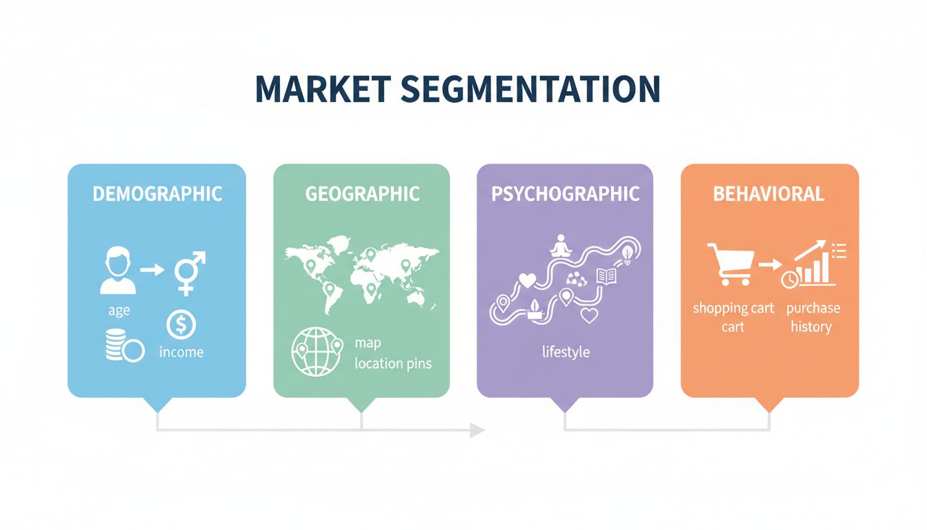 Quatro tipos de segmentação de mercado: Demográfica, Geográfica, Psicográfica e Comportamental