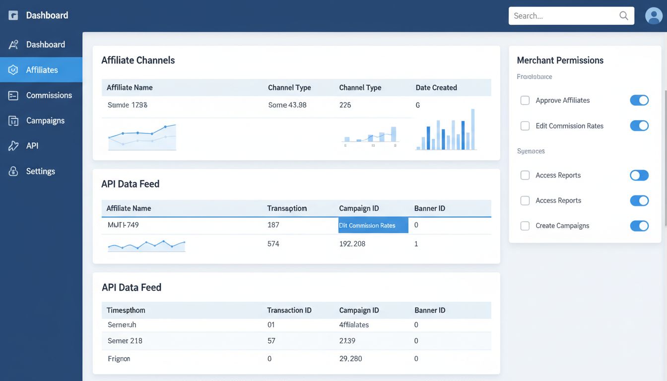 Dashboard do Post Affiliate Pro exibindo coluna Data de Criação para canais de afiliados, rastreamento de ID de Campanha e ID de Banner, e controles de permissão de comerciante