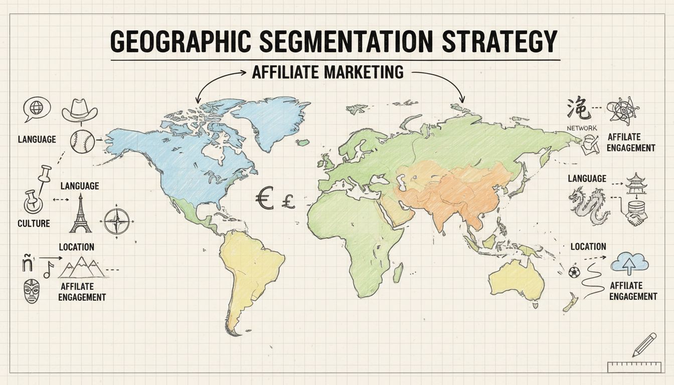 Diagrama desenhado à mão mostrando estratégia de segmentação geográfica com mapa-múndi, destaques regionais, símbolos de idioma, elementos culturais, pinos de localização e conexões de rede de afiliados