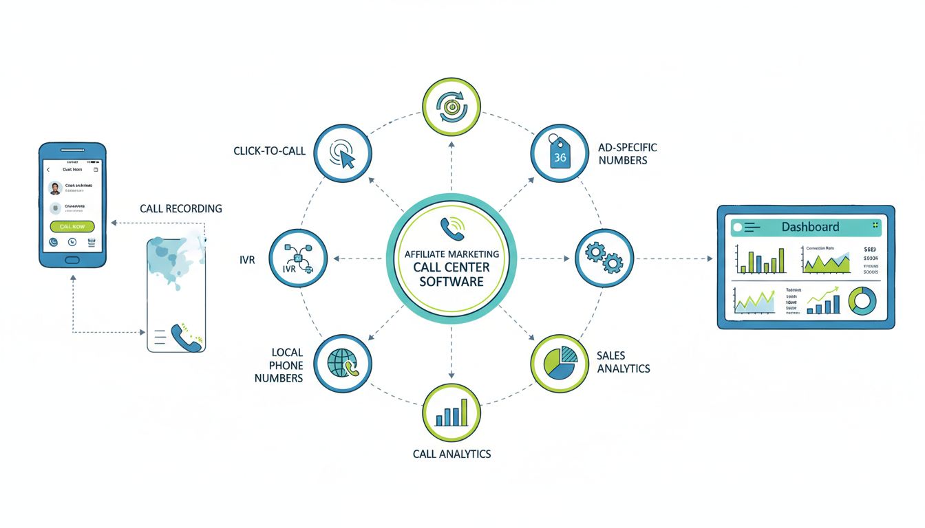 Recursos de software de call center para marketing de afiliados, incluindo click-to-call, gravação de chamadas, URA, DAC, números específicos de anúncio, integração com CRM, números locais, análises de chamadas e de vendas
