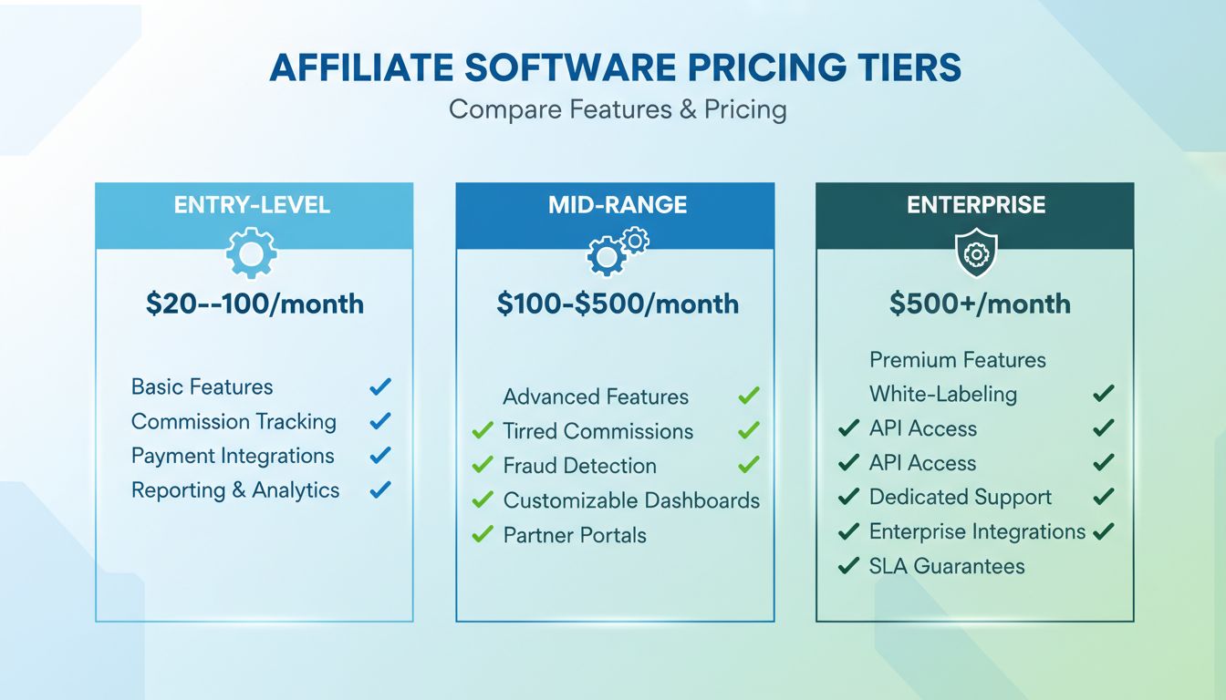 Gráfico de comparação de preços de software de afiliados mostrando opções de entrada, intermediária e empresarial com recursos