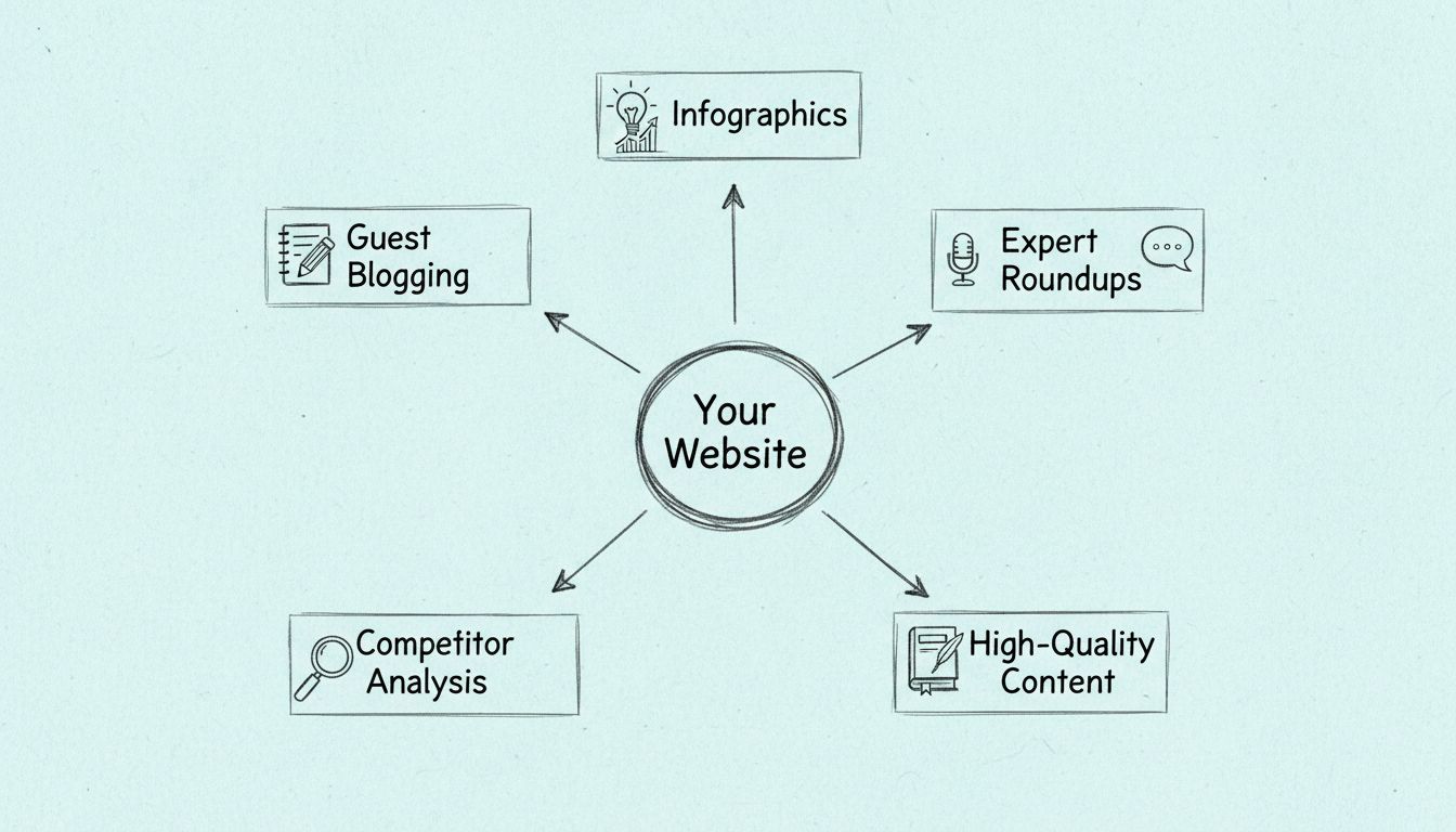 Diagrama desenhado à mão mostrando estratégias eficazes de construção de backlinks com um hub central conectando guest posts, infográficos, expert roundups, análise de concorrentes e conteúdo de alta qualidade