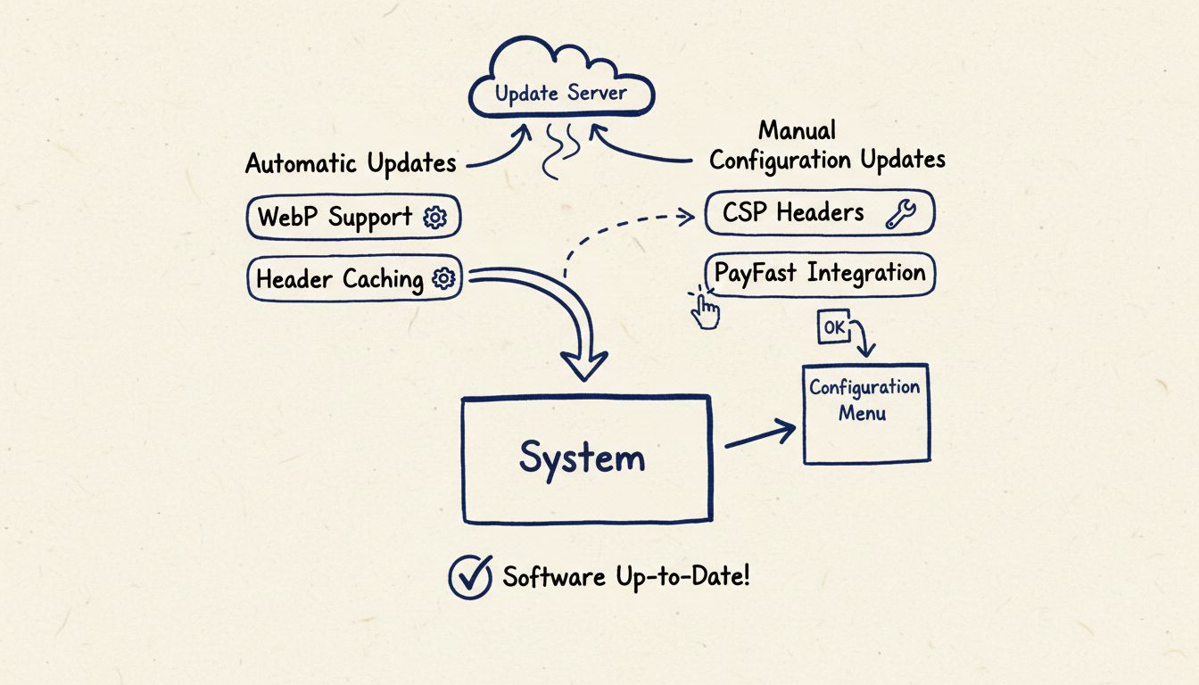 Diagrama do processo de atualização de software mostrando atualizações automáticas indo diretamente ao sistema e atualizações que exigem ação do usuário via menu de configuração
