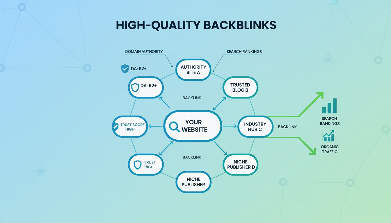Diagrama profissional mostrando como backlinks de alta qualidade melhoram o SEO com autoridade de domínio, ranqueamento e tráfego orgânico