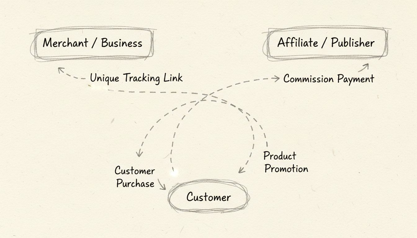 Diagrama do fluxo do marketing de afiliados mostrando interações entre comerciante, afiliado e cliente com links de rastreamento e pagamentos de comissão