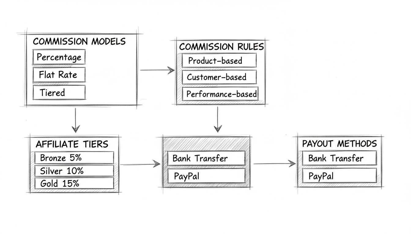 Diagrama desenhado à mão mostrando a configuração de estrutura de comissão para afiliados com modelos de comissão, regras, níveis e métodos de pagamento