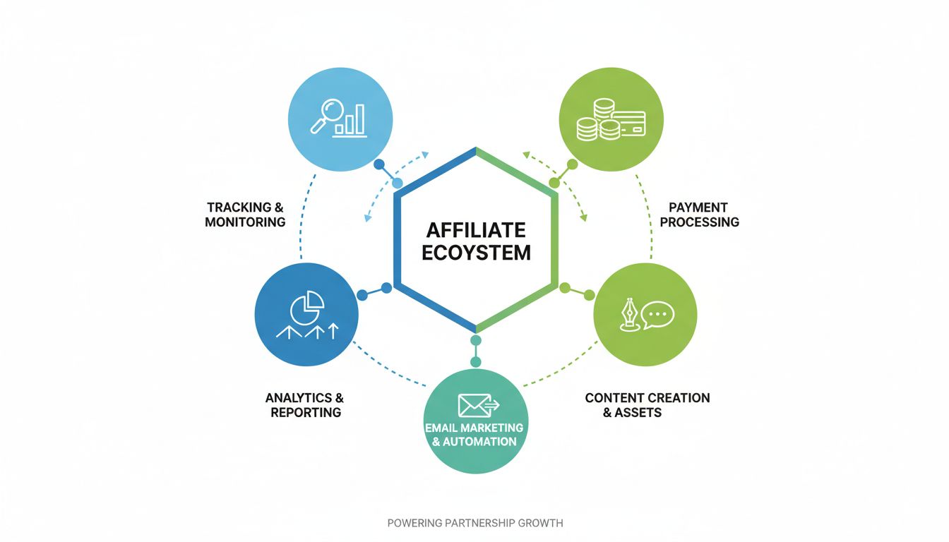 Ecossistema de ferramentas de gestão de programa de afiliados mostrando categorias de rastreamento, análises, processamento de pagamentos, criação de conteúdo e e-mail marketing