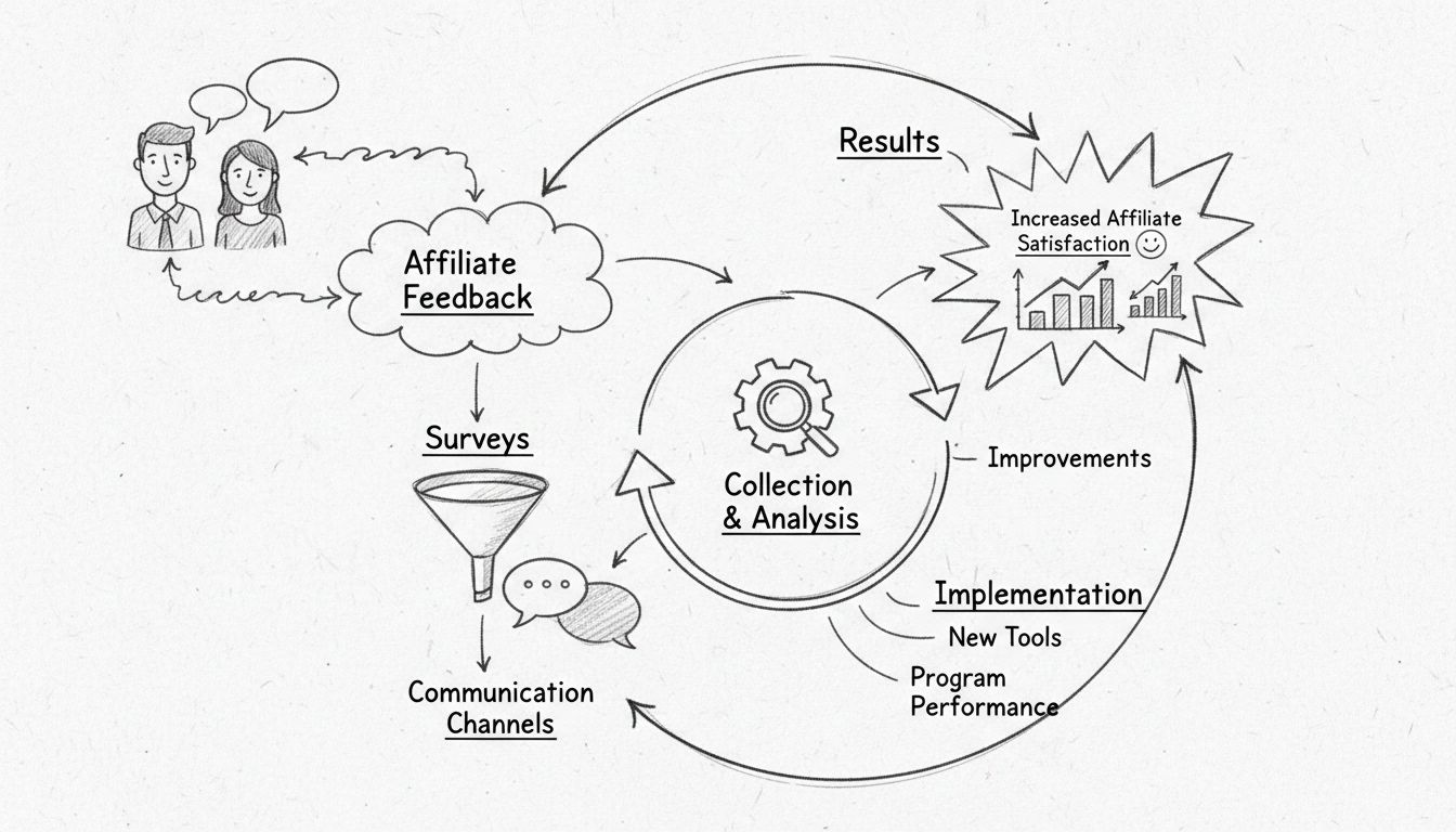 Diagrama desenhado à mão mostrando o sistema de ciclo de feedback dos afiliados com as etapas: Feedback do Afiliado, Análise, Implementação e Resultados