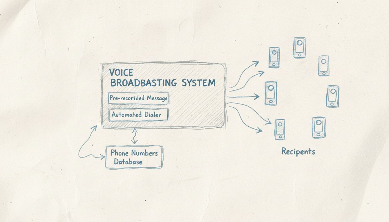 Diagrama da Arquitetura do Sistema de Transmissão de Voz mostrando servidor central com discador automatizado conectando a múltiplos destinatários telefônicos