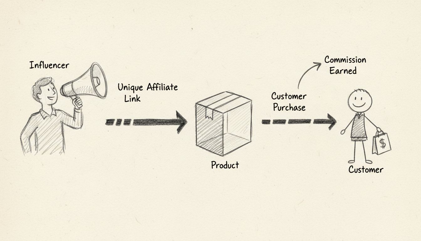 Diagrama desenhado à mão mostrando o fluxo de uma campanha de marketing de afiliados com influenciador, link de afiliado exclusivo, compra do cliente e comissão recebida