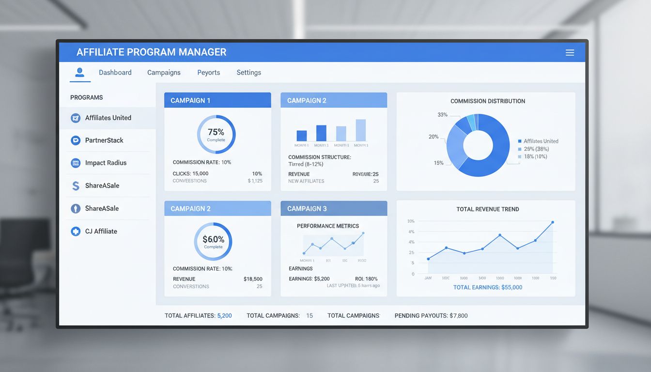 Painel de gestão de múltiplos programas de afiliados mostrando diferentes campanhas com estruturas de comissão e análises
