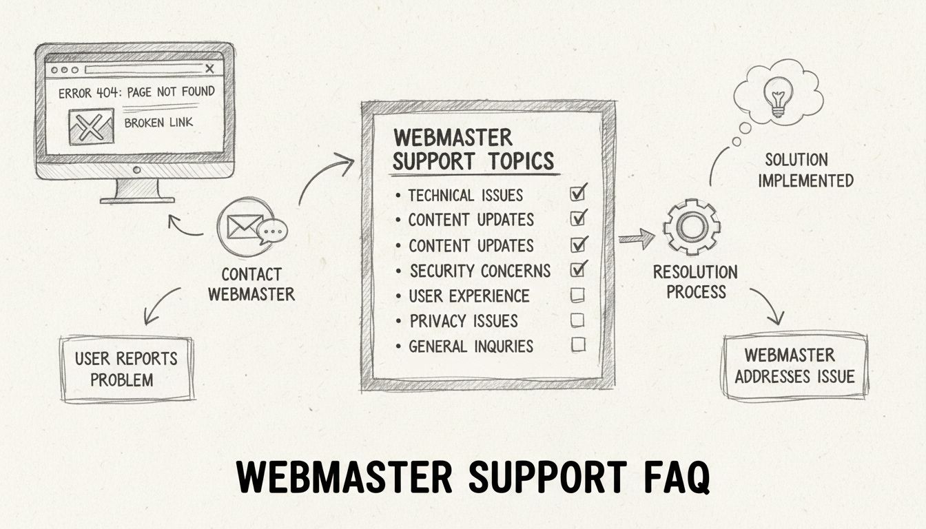 Diagrama do fluxo de suporte ao webmaster mostrando como relatar problemas no site e contatar o suporte