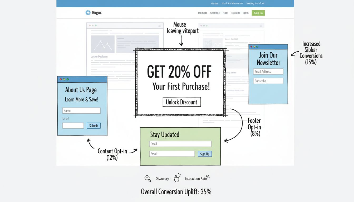 Estratégia de popups e formulários de afiliados mostrando popup de intenção de saída, formulário fixo na barra lateral, captura de e-mail no rodapé e formulário na página Sobre Nós com métricas de conversão