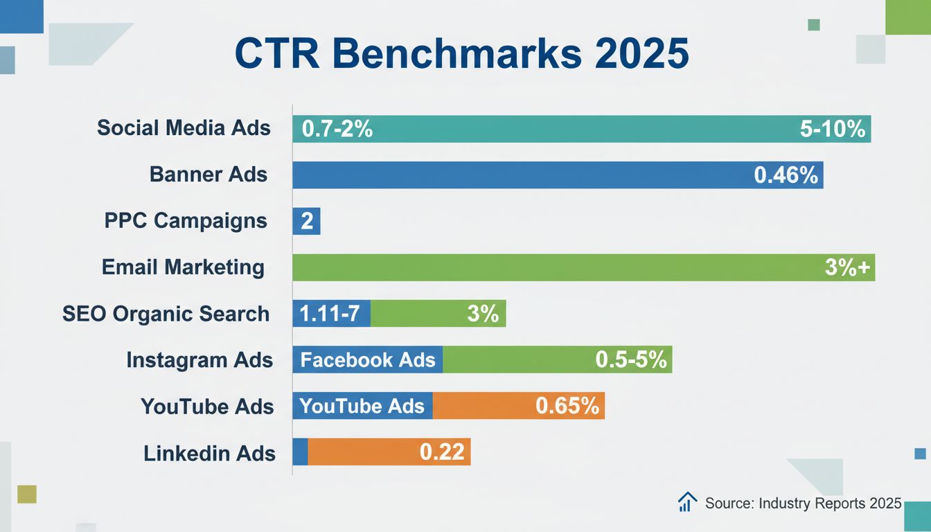 Benchmarks de CTR 2025 em diferentes canais de marketing digital