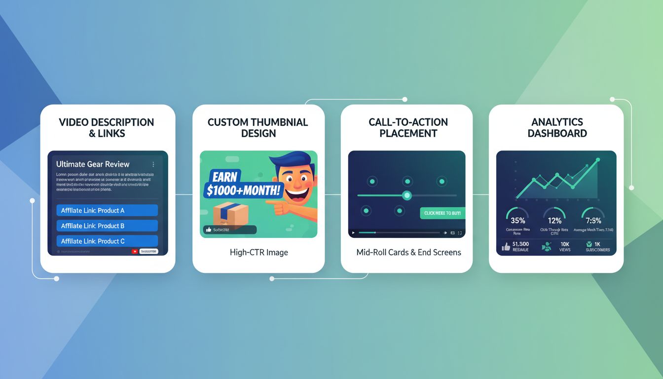 Estratégia de otimização de vídeos de afiliado mostrando posicionamento de links, design de thumbnail, timing de chamada para ação e painel de análises