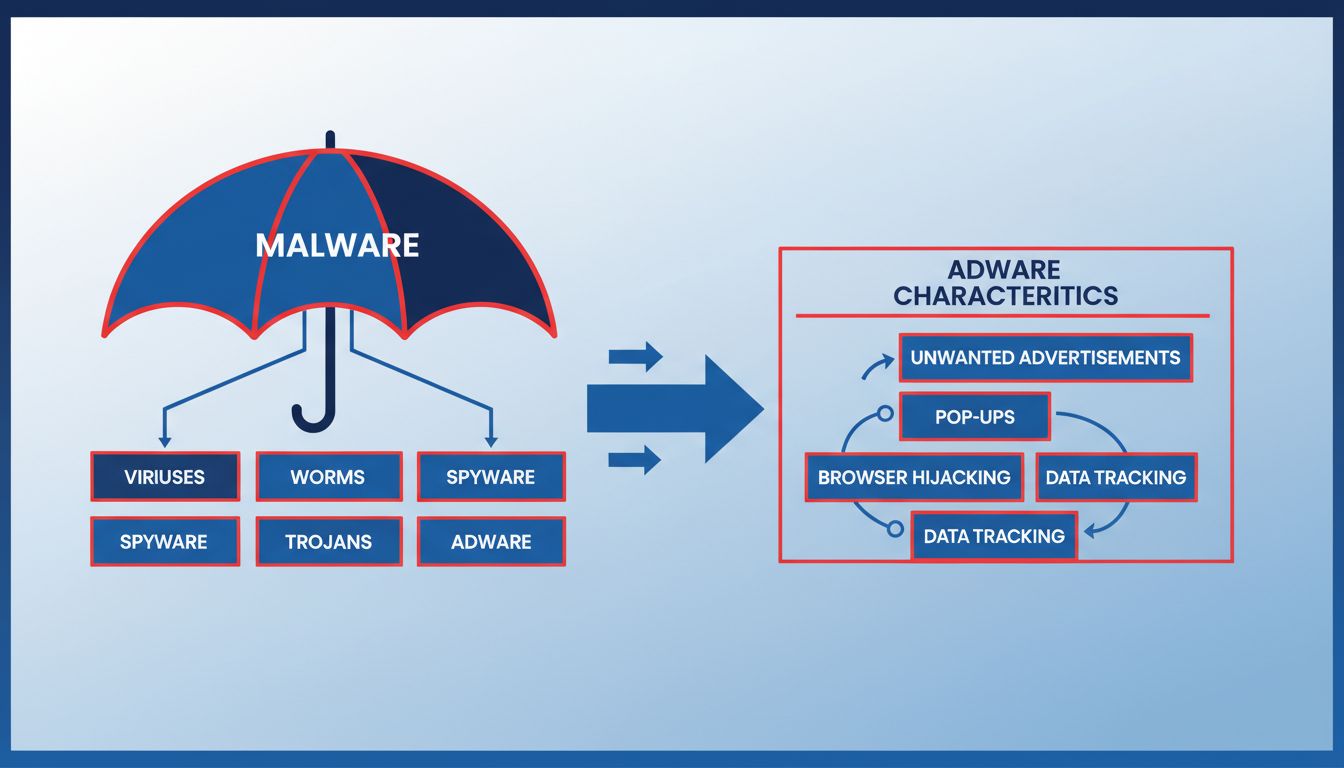 Diagrama mostrando a relação entre as categorias de adware e malware