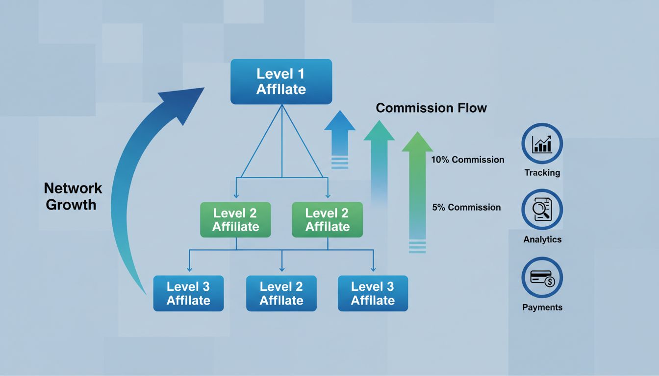 Estrutura de rede de marketing de afiliados multinível mostrando o fluxo hierárquico de comissões