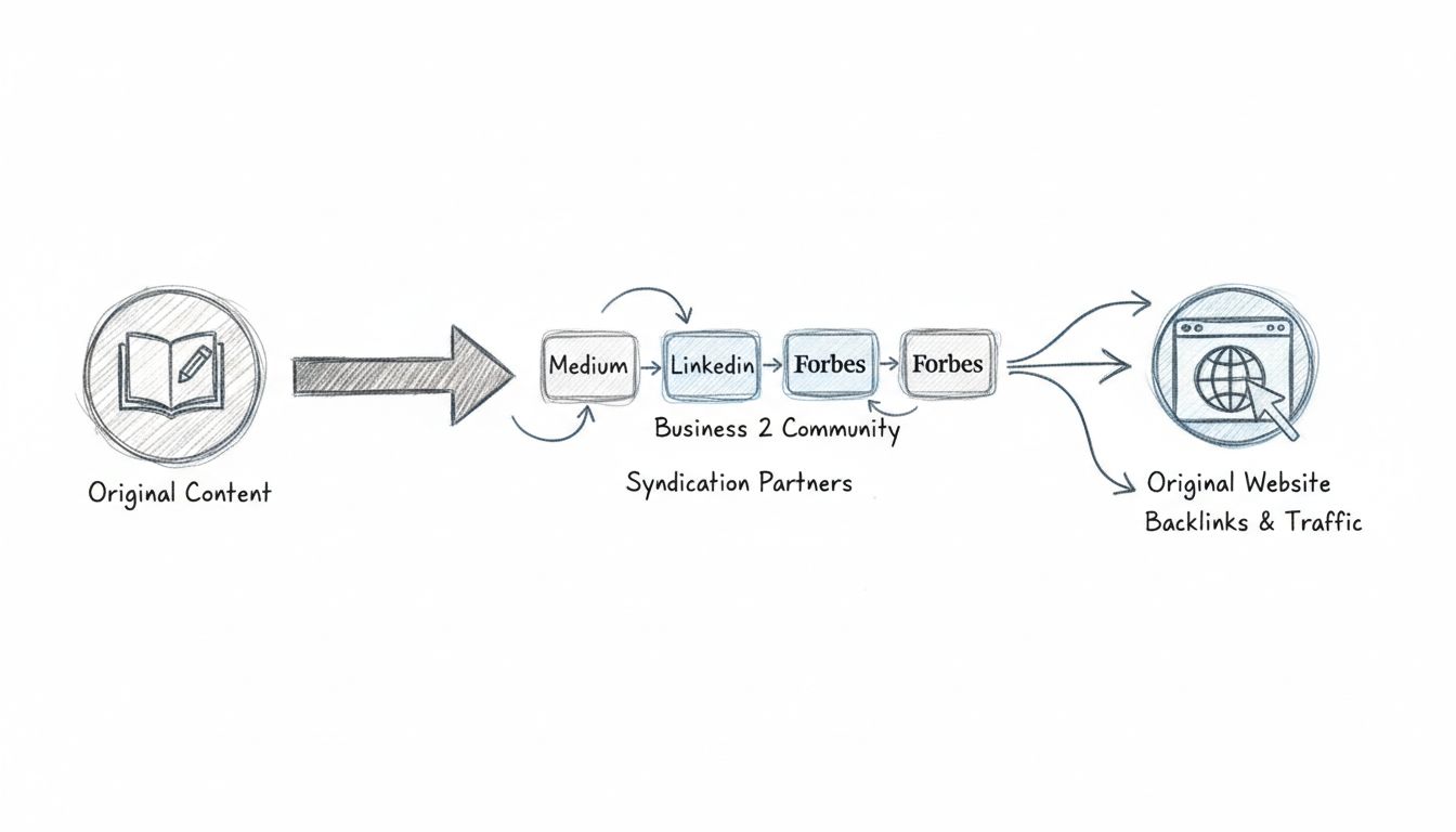 Diagrama do fluxo de syndication de conteúdo mostrando conteúdo original fluindo para vários parceiros de syndication e tráfego retornando ao site original