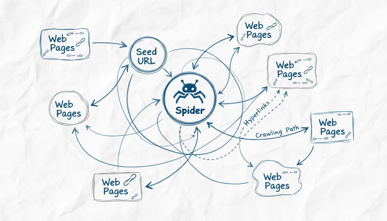Diagrama técnico mostrando como spiders da web rastreiam páginas interconectadas seguindo hiperlinks a partir do seed URL