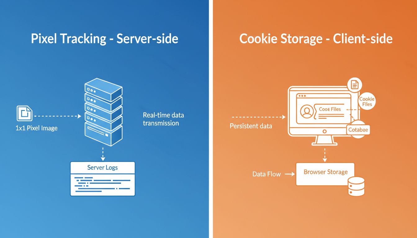 Diagrama técnico comparando transmissão de dados de rastreamento por pixel (lado do servidor) versus armazenamento de cookies no navegador