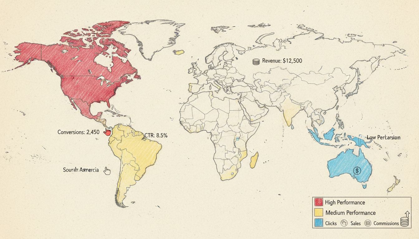 Diagrama desenhado à mão de um mapa mundi com sobreposição de mapa de calor geográfico mostrando dados de desempenho de marketing de afiliados por região com métricas de desempenho codificadas por cor