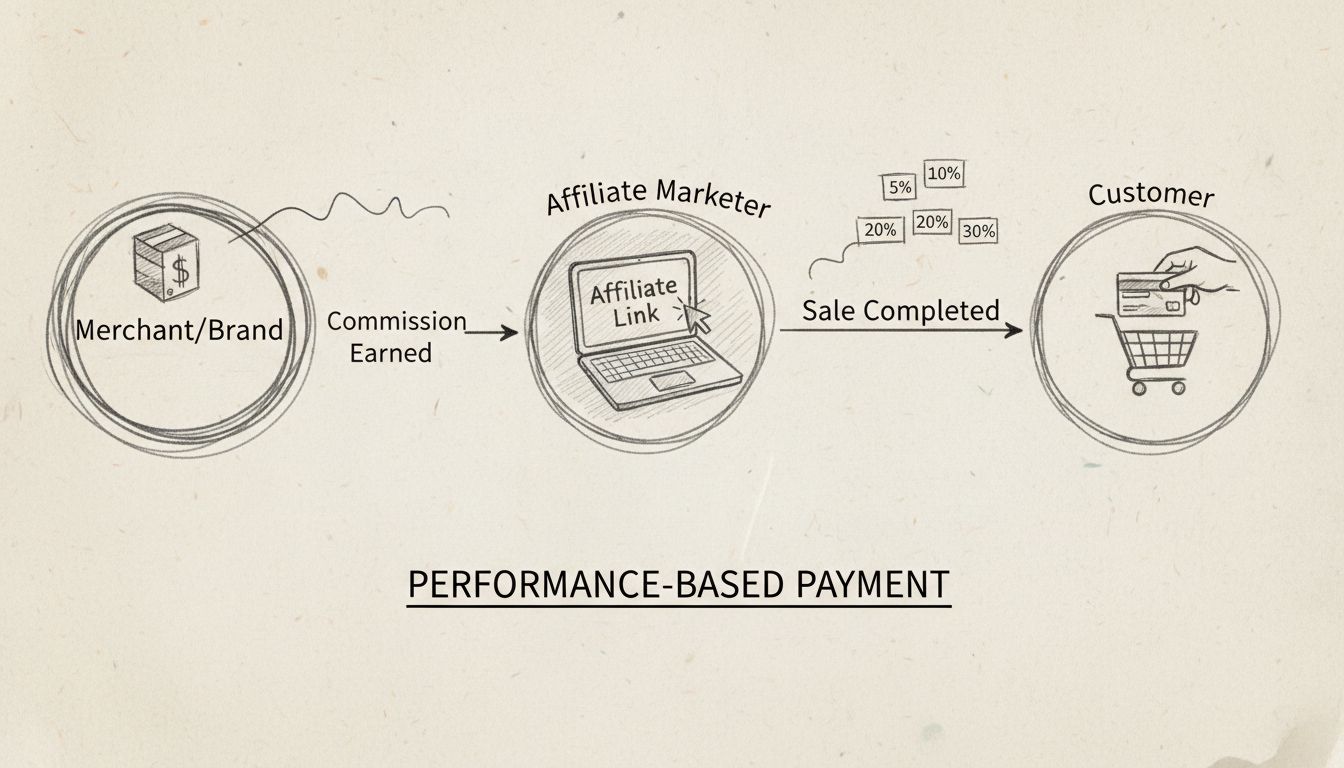 Diagrama de fluxo de comissão em marketing de afiliados mostrando comerciante, afiliado e cliente com percentuais de comissão