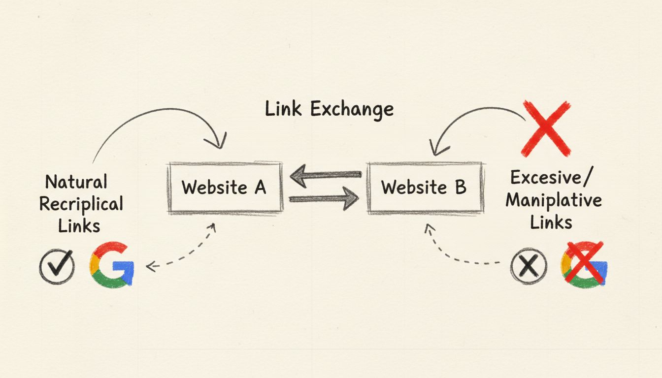 Diagrama de links recíprocos mostrando trocas naturais vs manipulativas com indicadores de aprovação do Google