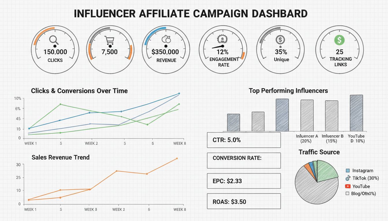 Dashboard de métricas de campanhas de afiliados com influenciadores mostrando cliques, conversões, ROI, taxas de engajamento e análise de rastreamento