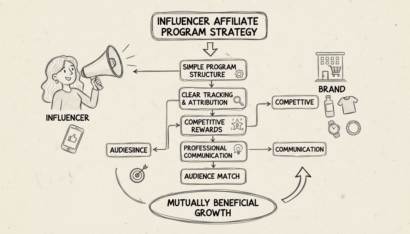 Diagrama de estratégia de programa de afiliados para influenciadores mostrando estrutura do programa, rastreamento, recompensas, comunicação e alinhamento de audiência