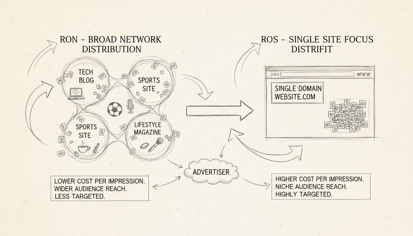 Diagrama desenhado à mão comparando estratégias de publicidade Run of Network (RON) e Run of Site (ROS), mostrando distribuição ampla na rede versus foco em site único