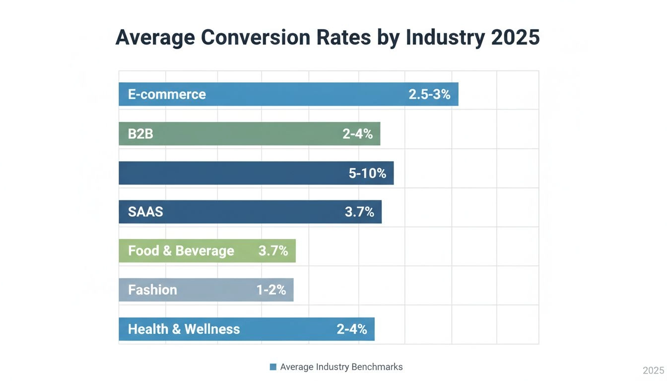 Benchmarks de taxa de conversão por setor em 2025 mostrando gráfico de barras com percentuais para e-commerce, B2B, SaaS, alimentos e bebidas, moda e saúde e bem-estar